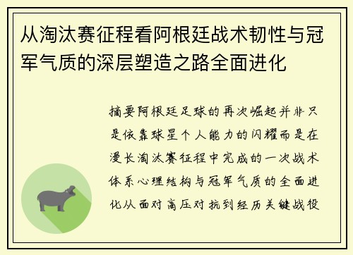 从淘汰赛征程看阿根廷战术韧性与冠军气质的深层塑造之路全面进化